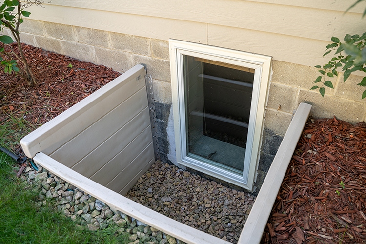 Exterior view of an egress window in a basement bedroom. These windows are required as part of the USA fire code for basement bedrooms